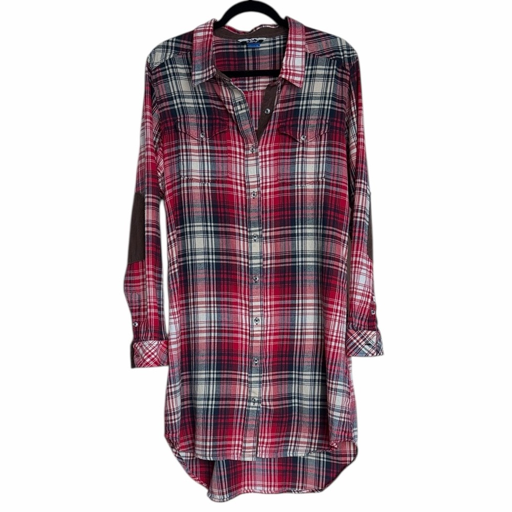 Elbow Patch KAVU Red Plaid Flannel Shirt Dress  Hi-Low Hem Size XL